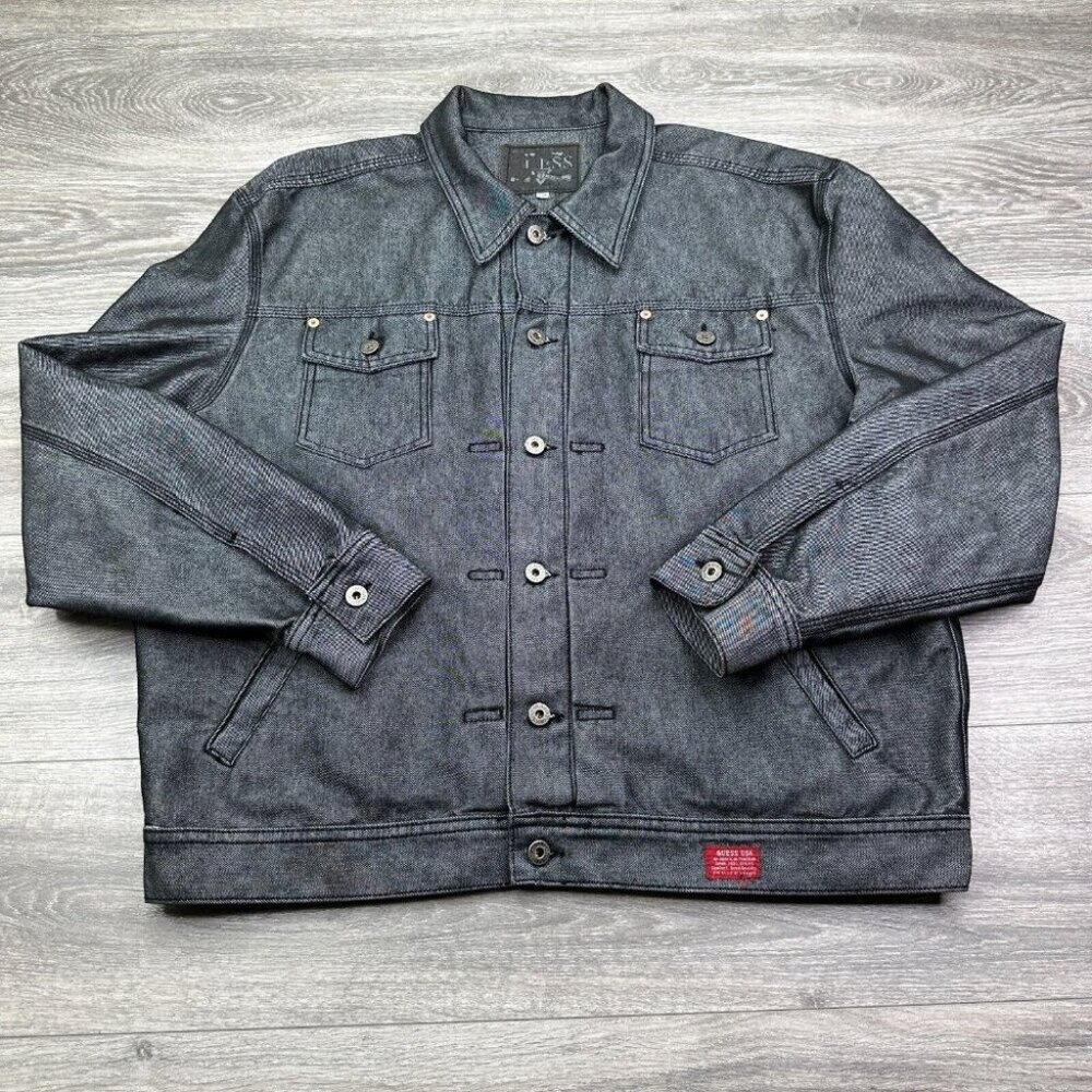 Guess Denim Trucker Jacket Men's XXL Gray Iridescent Silver Y2K Baggy Vintage